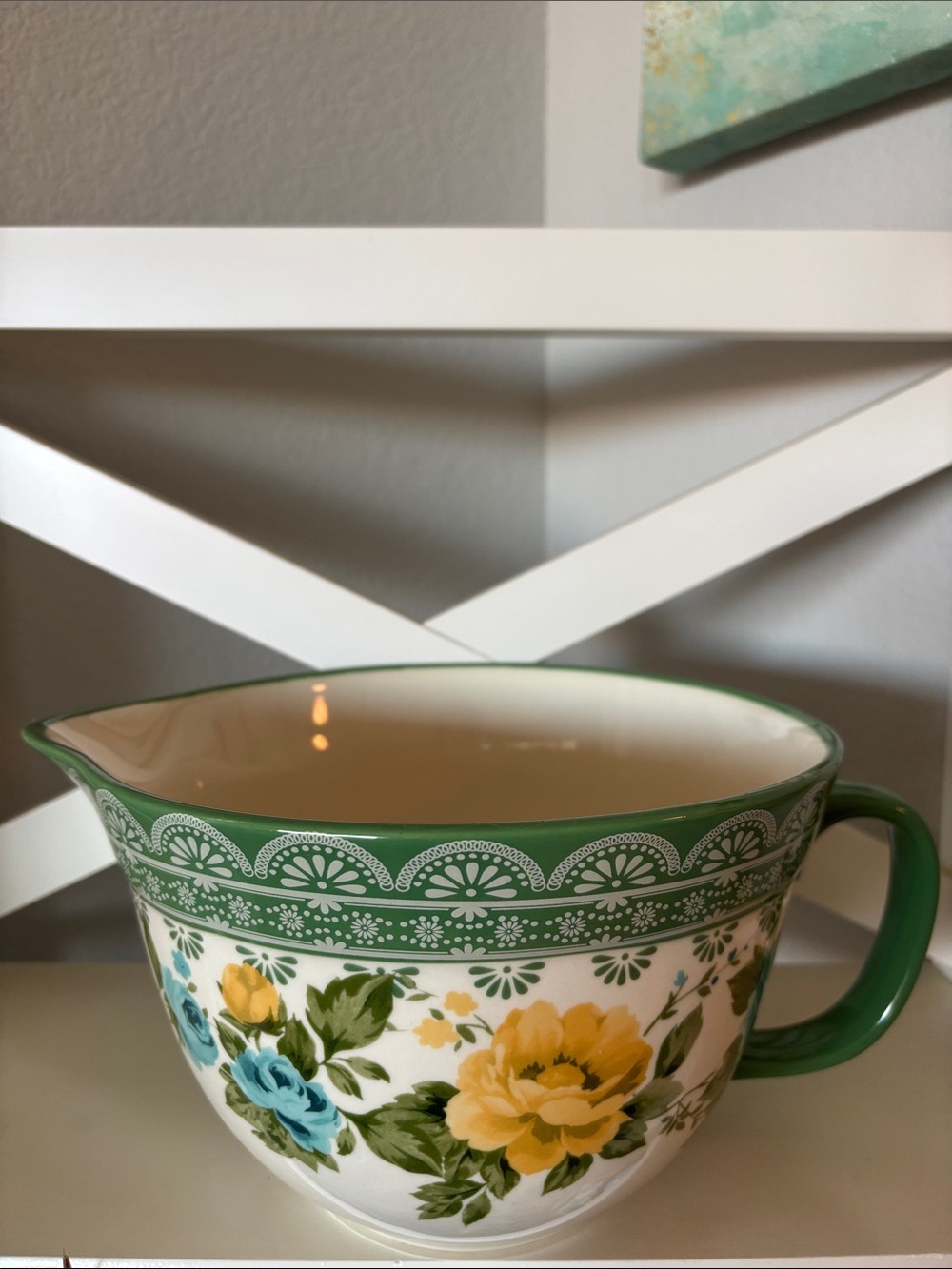 Pioneer Woman Green Floral Ceramic Batter Bowl Pitcher Yellow Teal Rose Shadow